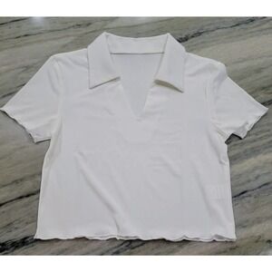 Ribbed Collared V Neck Cropped Tee White Medium NWT